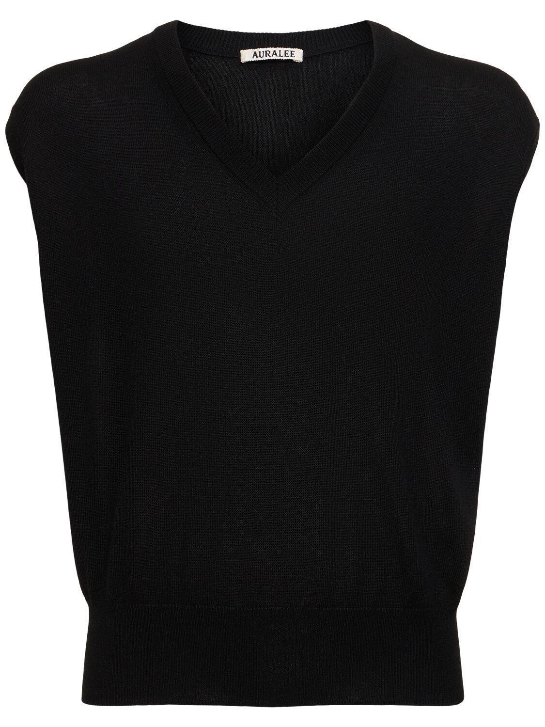 AURALEE Silk & Cashmere Knit V-neck Vest In Black Product Image