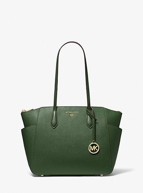 Michael Kors Marilyn Medium Saffiano Leather Top Zip Logo Charm Tote Bag Product Image