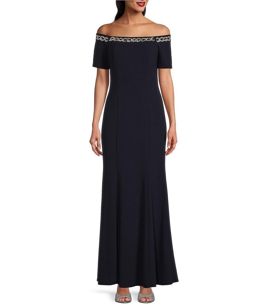 Marina Scuba Crepe Short Sleeve Off-The-Shoulder Embellished Neck Gown Product Image