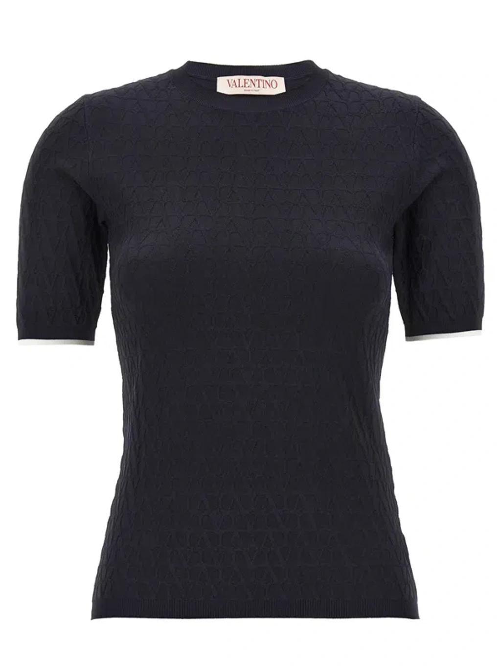 VALENTINO Iconographic Textured Knitwear Short Sleeves In Blue Product Image