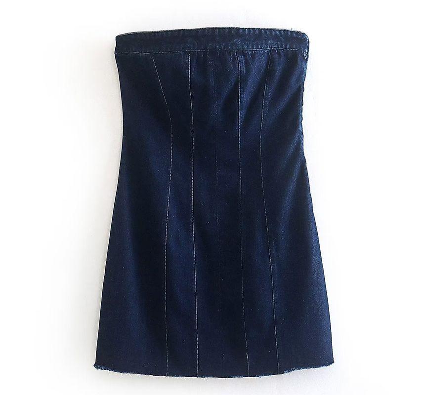 Strapless Washed Tassel Trim Mini Denim Bodycon Dress Product Image