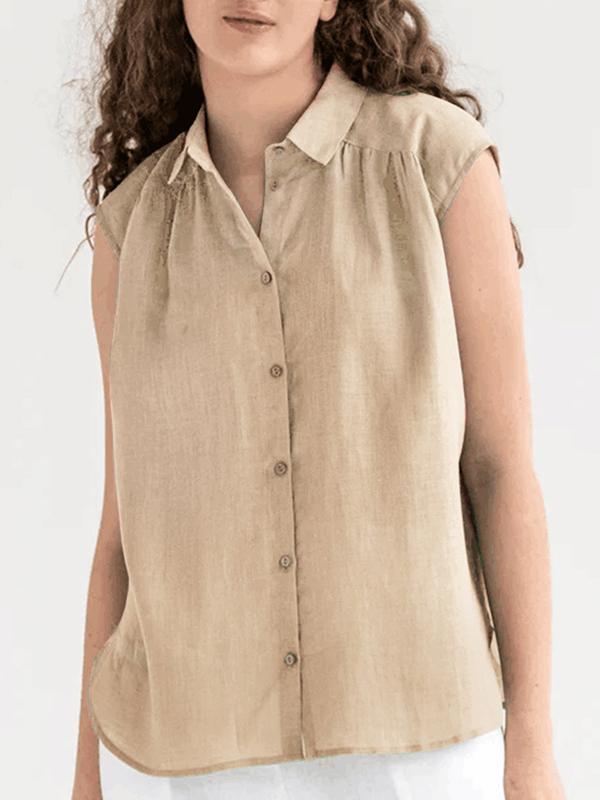 Loose Sleeveless Buttoned Pleated Solid Color Lapel Blouses&shirts Tops Product Image