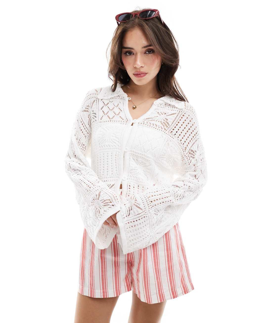 Vero Moda Aware crochet knit cardigan with collar in white product image