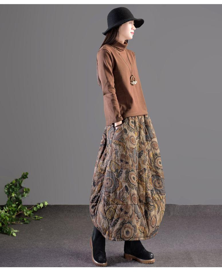 High Waist Floral Print A-Line Cotton Linen Skirt Product Image