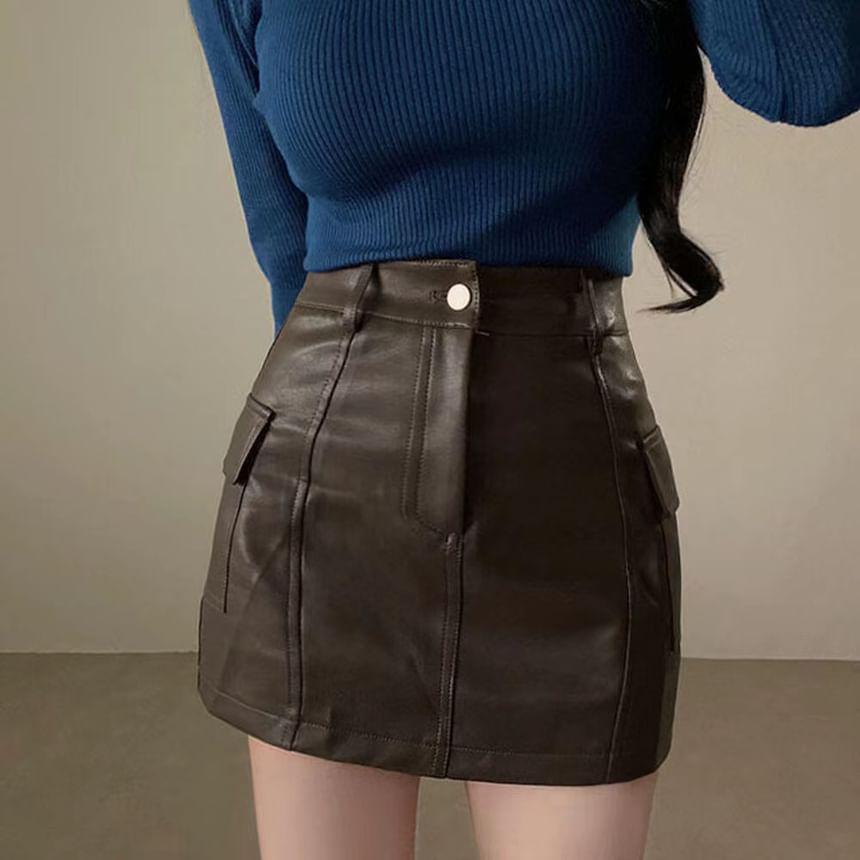 High Rise Faux Leather Mini Skirt Product Image