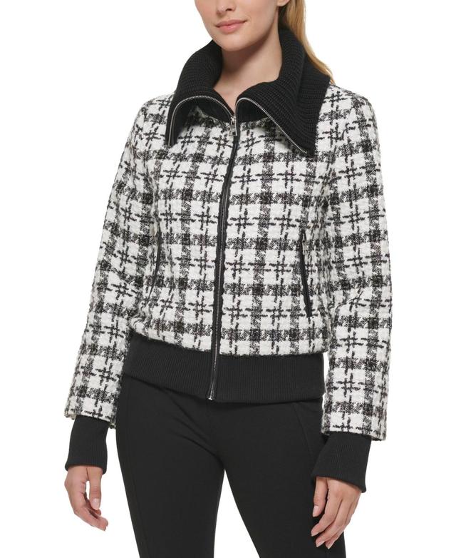 Karl Lagerfeld Paris Womens Sweater Collar Tweed Bomber Coat - White Product Image