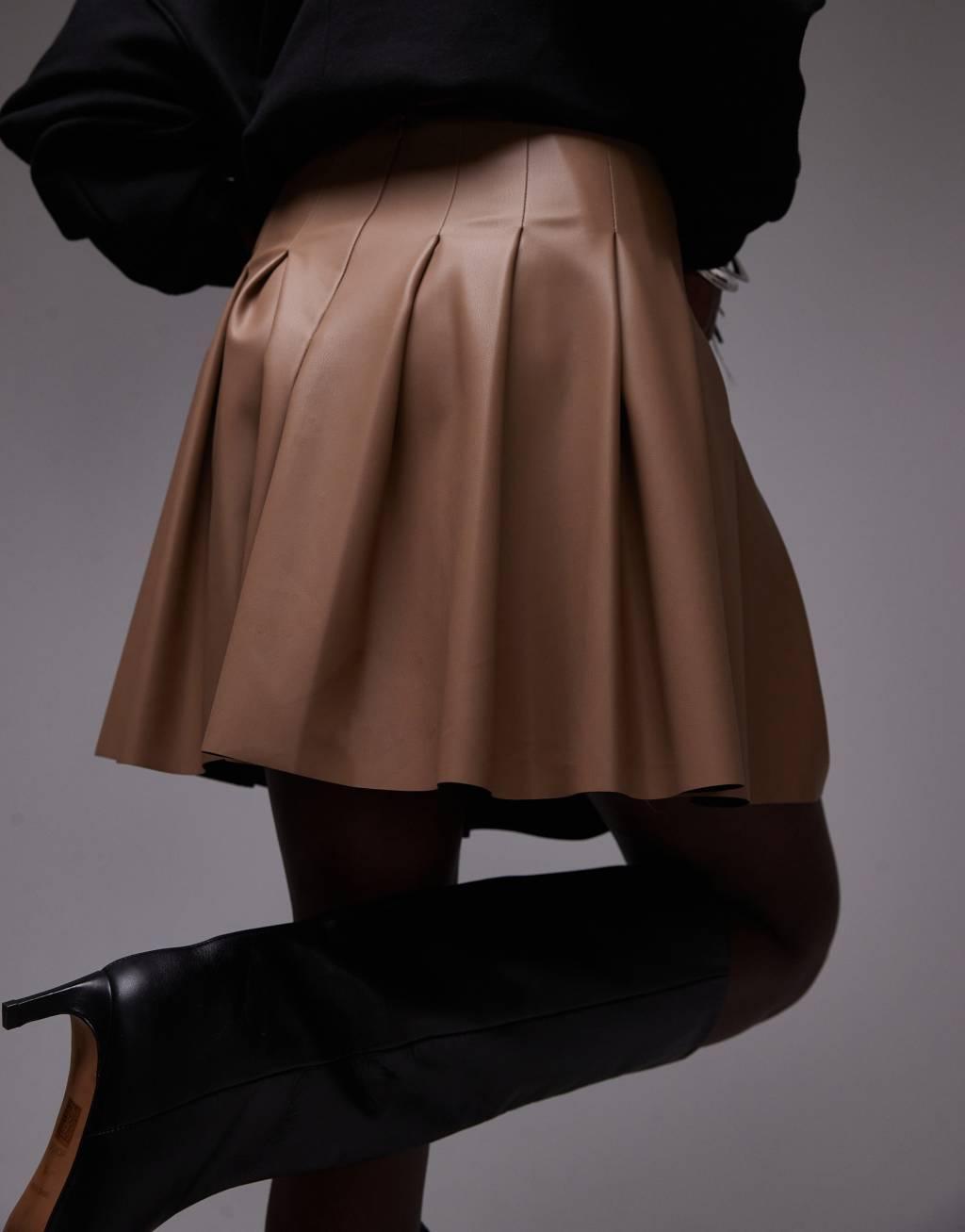 Topshop Tall faux leather clean pleat mini skirt in coffee Product Image