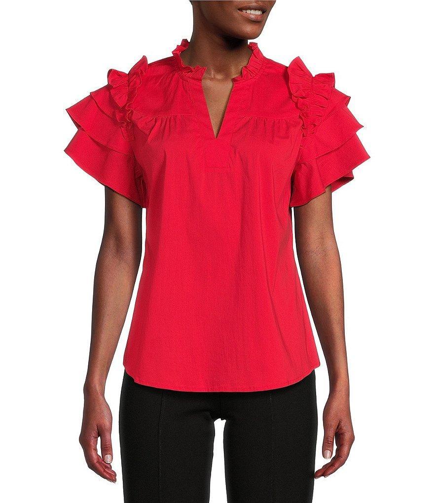 Calessa Split V Neck Short Sleeve Ruffle Top Product Image