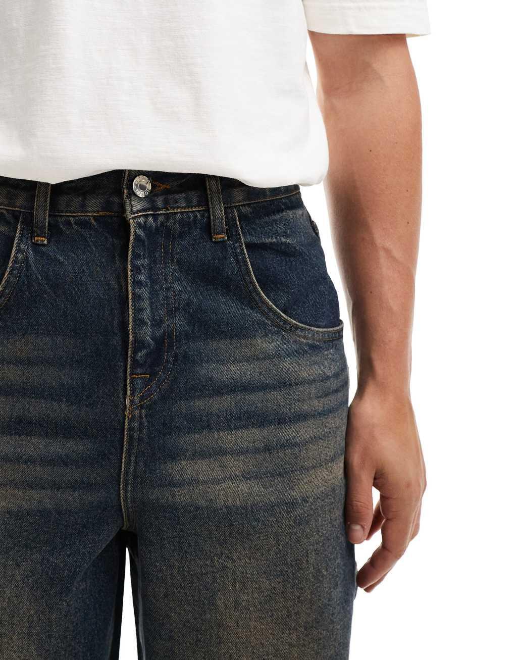 ASOS DESIGN longer length denim jorts with carpenter details in heavy wash Product Image