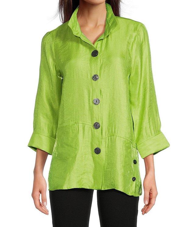 Ali Miles Petite Size Woven Shimmer Stand Ruffle Collar 3/4 Sleeves Button-Front Tunic Product Image