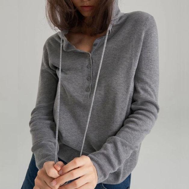 Long Sleeve Henley Plain Hood Knit Top Product Image