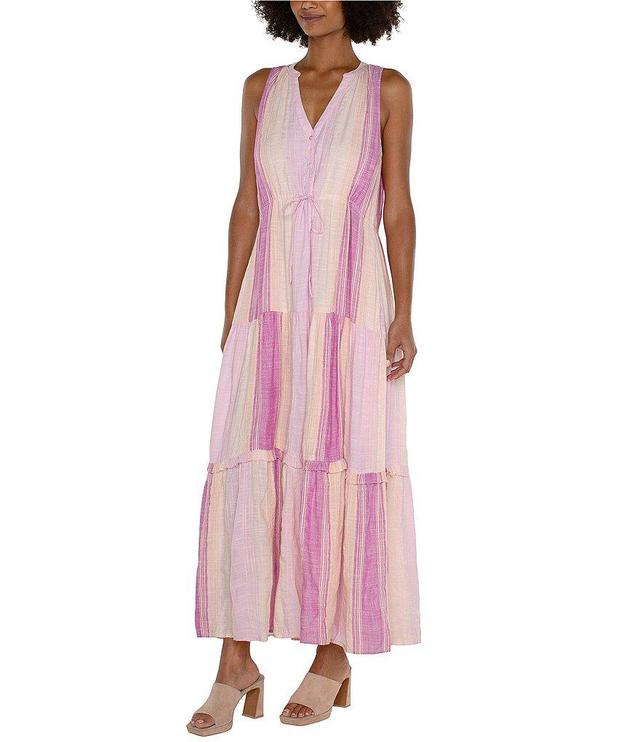 Liverpool Los Angeles V-Neck Sleeveless Tiered Striped Maxi Dress Product Image