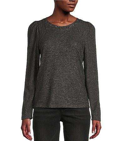 Democracy Mixed Media Knit Embellished Crew Neck Long Puff Sleeve Top Product Image