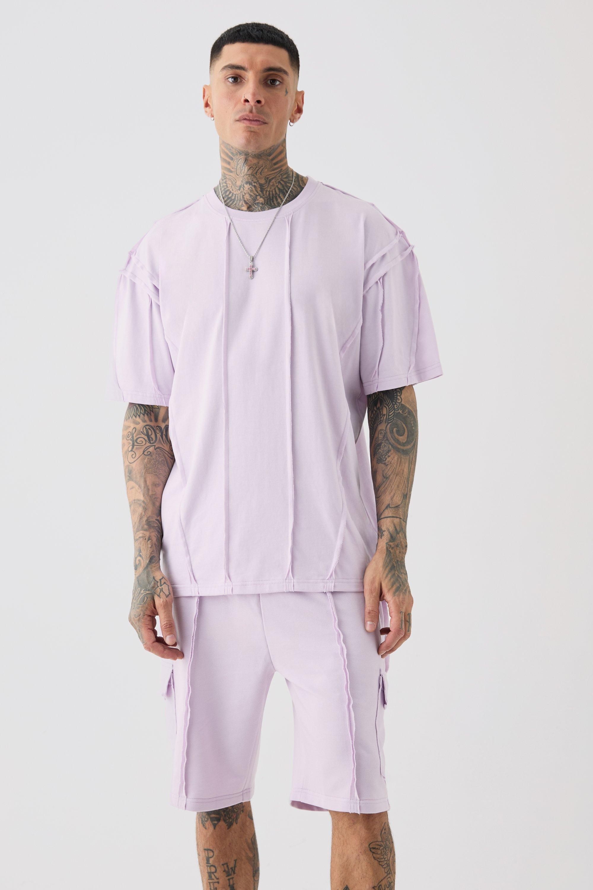 Tall Oversized Raw Interlock Seam T-shirt & Cargo Short Set | boohooMAN USA Product Image