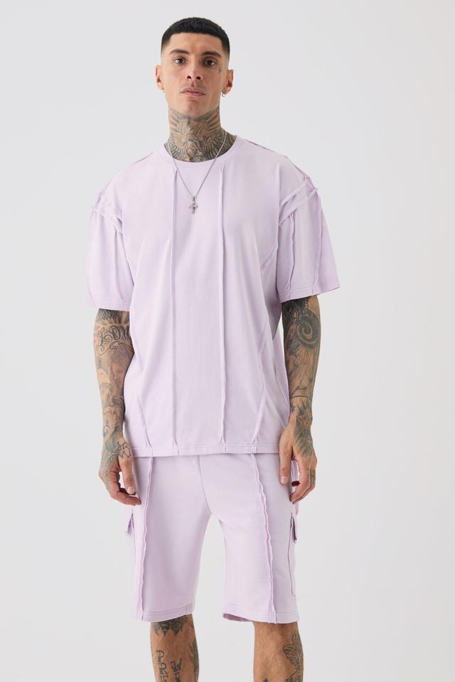 Tall Oversized Raw Interlock Seam T-shirt & Cargo Short Set | boohooMAN USA Product Image