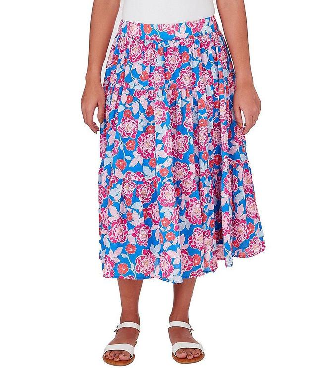 Ruby Rd. Floral Printed Yoryu Elastic Waist Midi A-Line Skirt Product Image