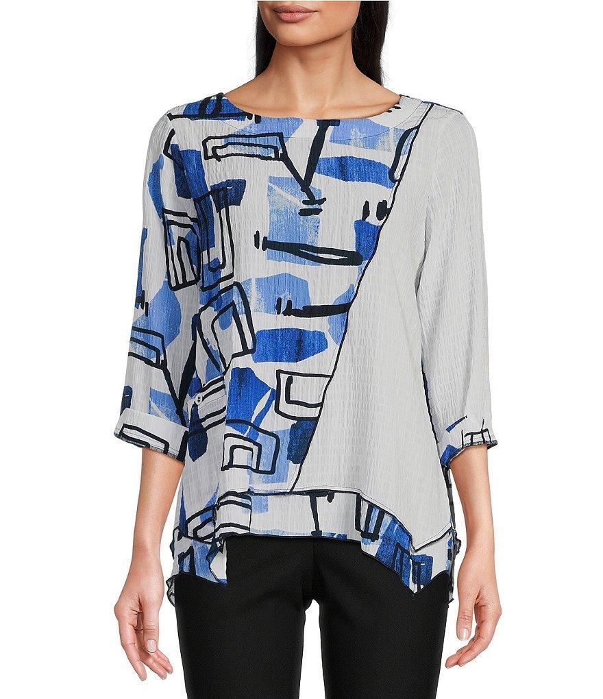 Ali Miles Textured Woven Abstract Print Crew Neck 3/4 Sleeve Asymmetric Hem Tunic Product Image