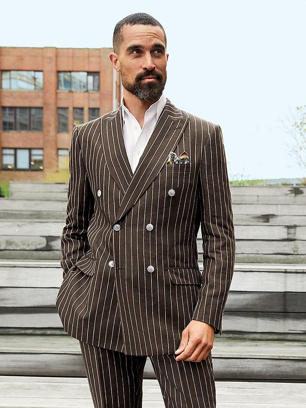 Linen Pinstripe Double Breasted Peak Lapel Suit - Dark Brown Product Image