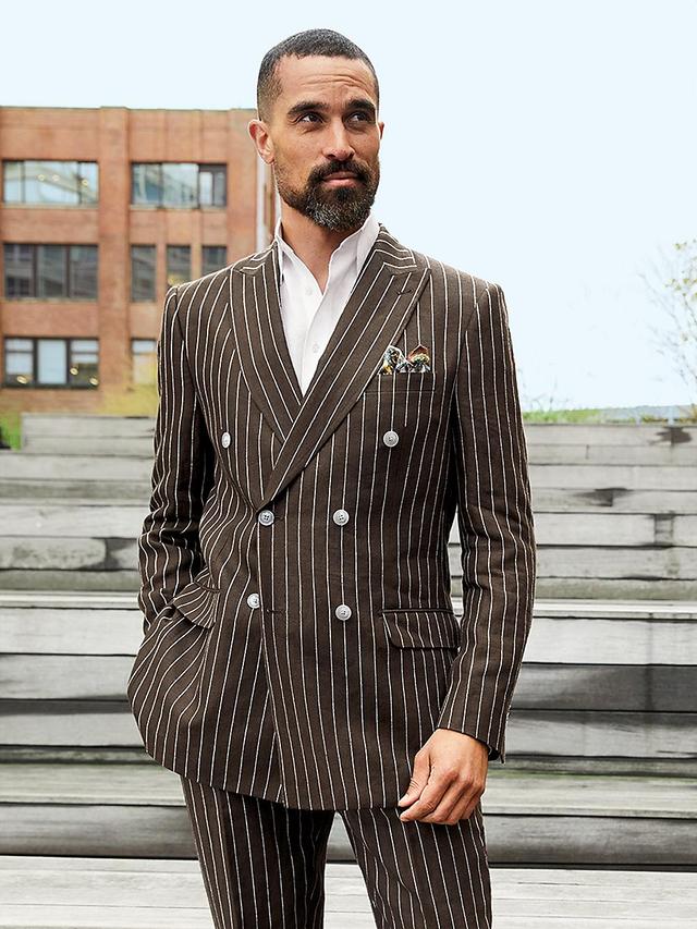 Linen Pinstripe Double Breasted Peak Lapel Suit - Dark Brown Product Image