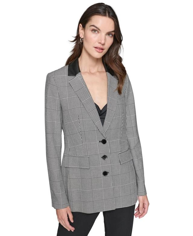 Karl Lagerfeld Paris Womens Plaid Faux-Leather-Collar Button-Down Jacket Product Image