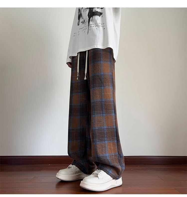 Drawstring Waist Plaid Loose-Fit Pants Product Image