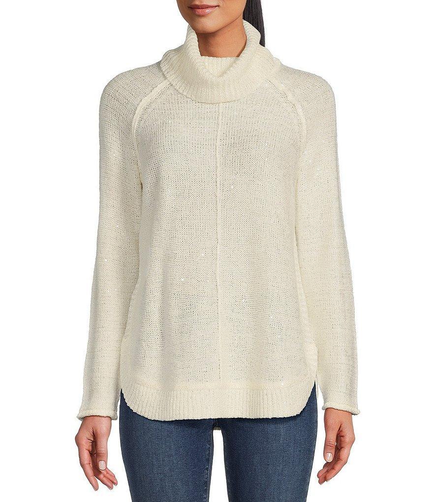 Reba Catalina Draped Turtleneck Raglan Sleeve Sequin Sweater Product Image