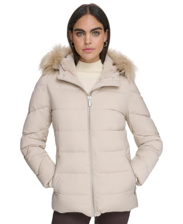 Calvin Klein Womens Stretch Faux-Fur-Trim Hooded Puffer Coat Product Image