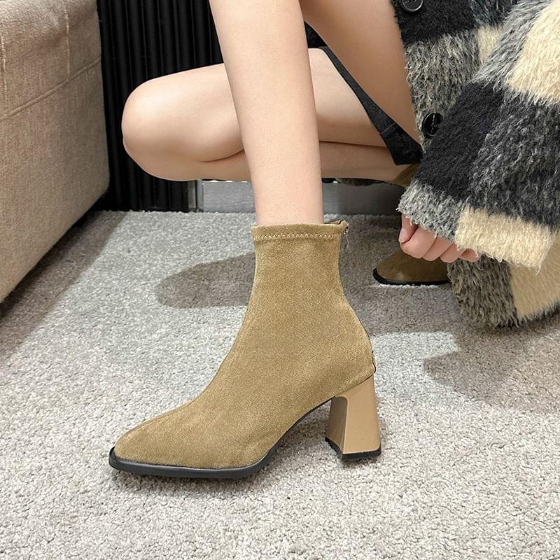 Square Toe Faux Suede Block Heel Short Boots Product Image