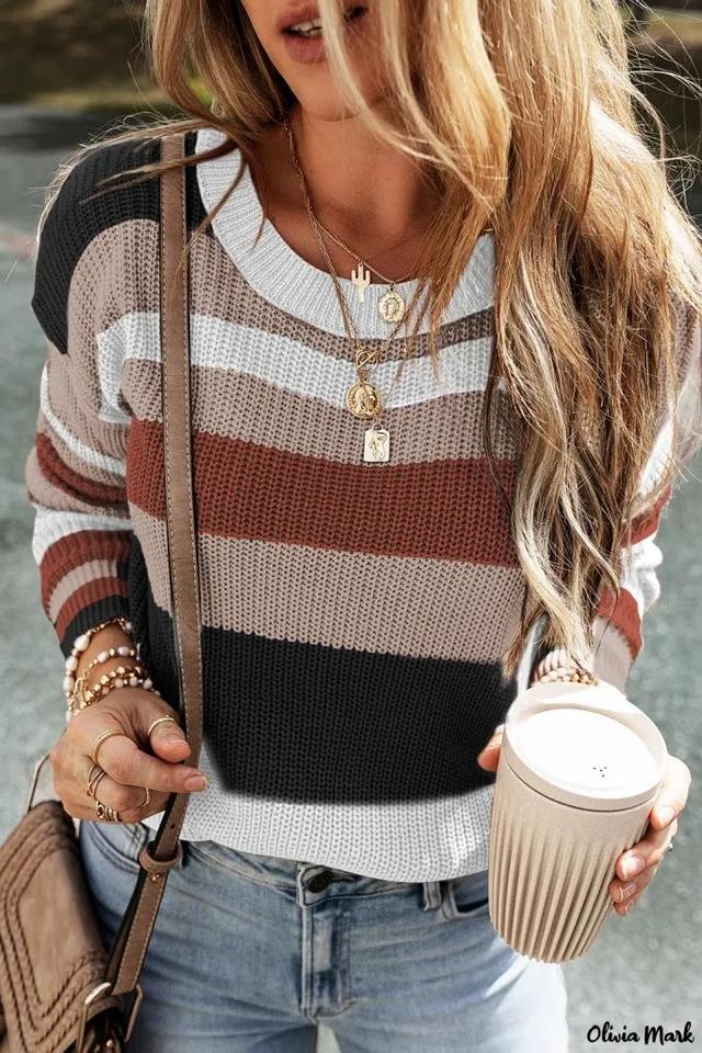 Olivia Mark – Timeless Taupe Round Neck Colorblock Knit Sweater Product Image