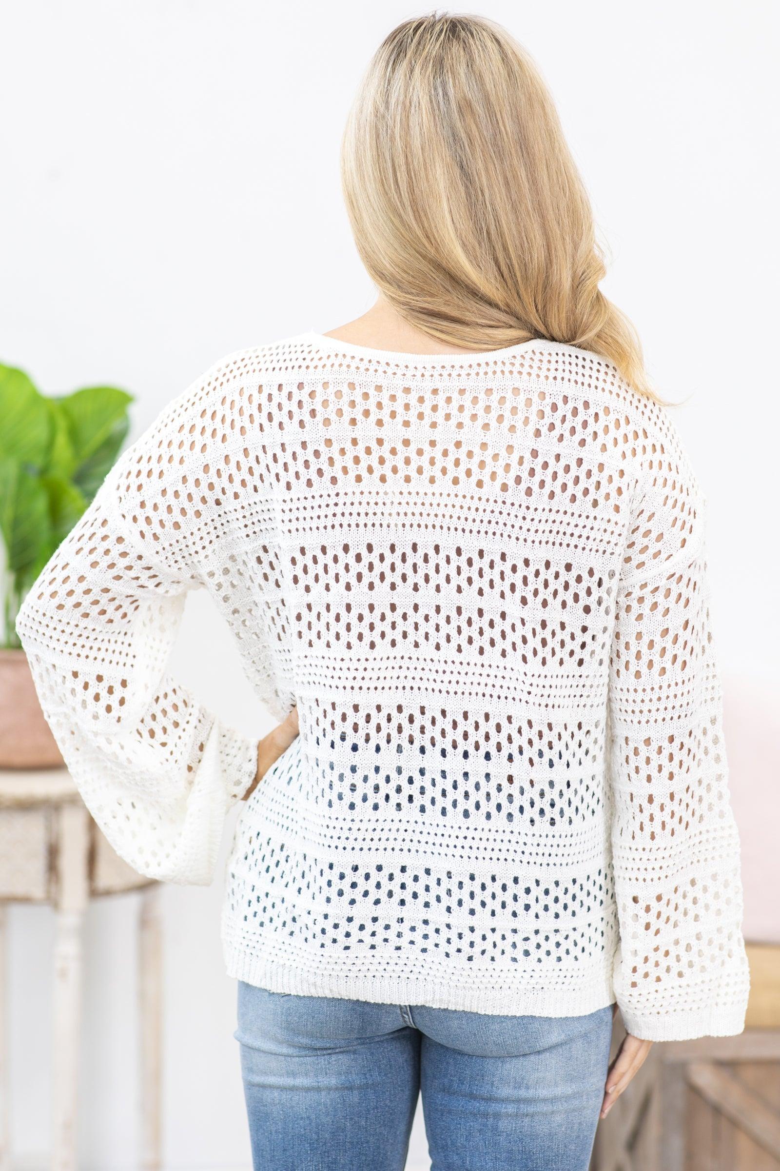 White Hollow Crochet V-Neck Pullover Knit Top Product Image