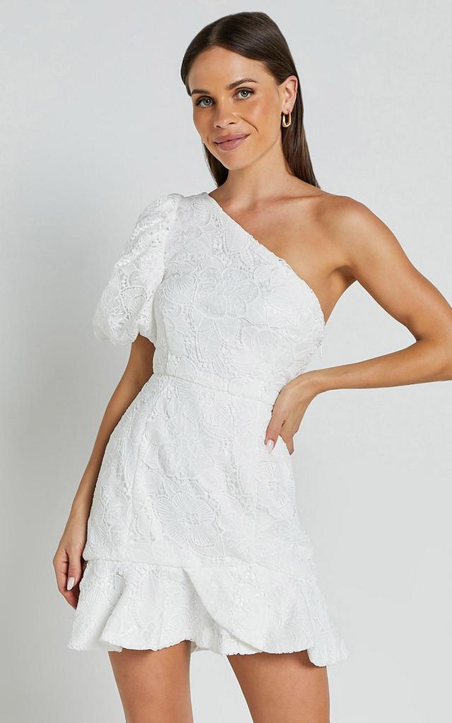 Jenny Mini Dress - One Shoulder Side Cut Out Lace Dress in White Product Image