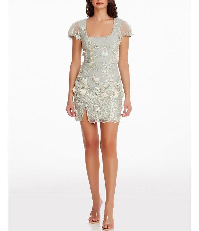 Dress the Population Jillian Sequin 3D Floral Square Neck Short Puff Sleeve Mini Dress Product Image