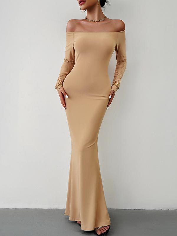 Bodycon Long Sleeves See-Through Solid Color Off-The-Shoulder Maxi Dresses Product Image