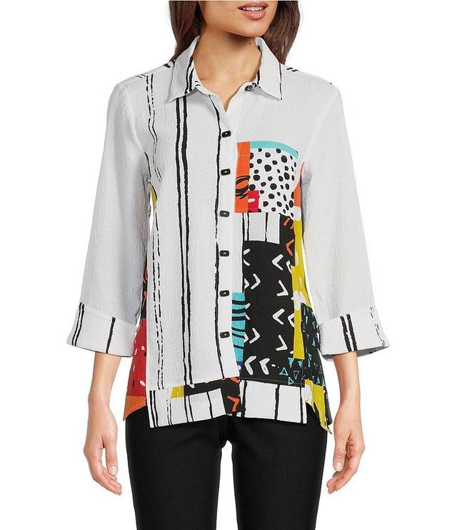 Ali Miles Woven Crinkle Multi Abstract Print Point Collar 3/4 Sleeve Asymmetrical Hem Button-Front Tunic Product Image