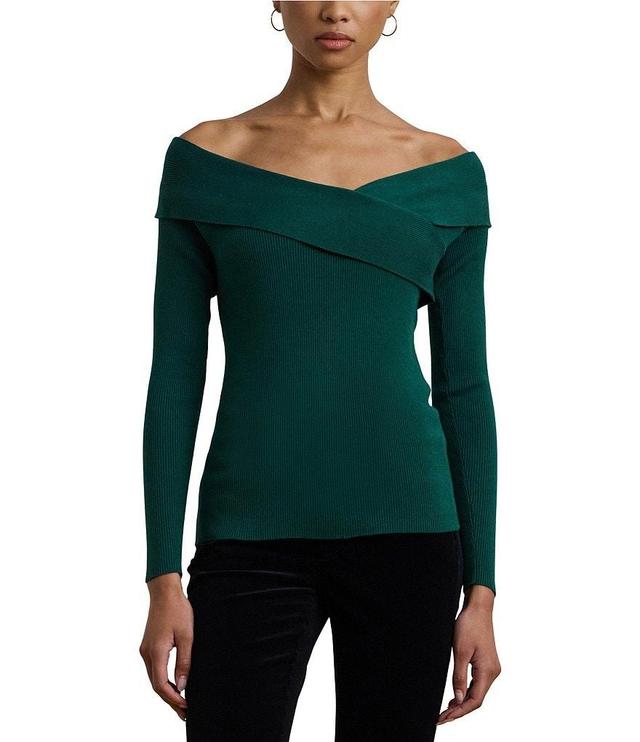 Lauren Ralph Lauren Stretch Cotton Rib-Knit Crisscross Off-The-Shoulder Neck Long Sleeve Slim Fit Top Product Image