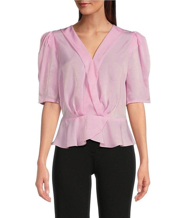 DKNY Satin Surplice V-Neck Short Sleeve Peplum Blouse Product Image