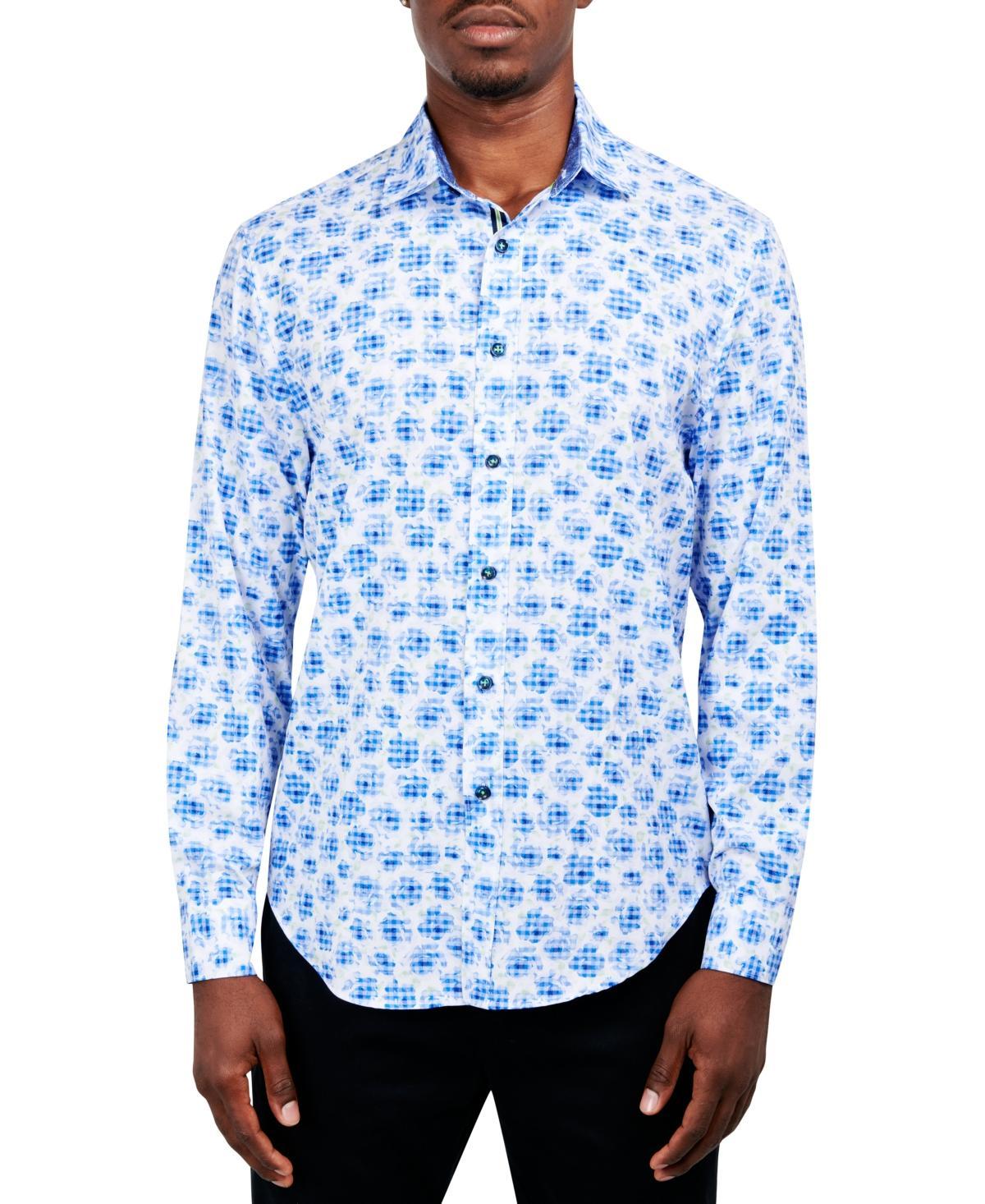 Society of Threads Mens Slim-Fit Performance Stretch Abstract Floral/Gingham Long-Sleeve Button-Down Shirt - White Product Image