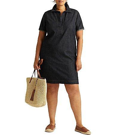 Lauren Ralph Lauren Plus Size Split Point Collar Short Sleeve Denim Shift Dress Product Image