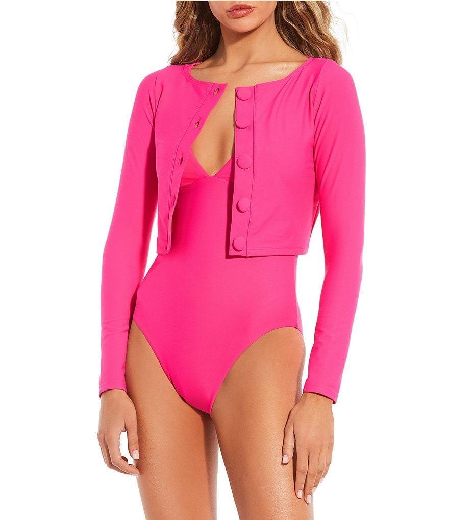 Antonio Melani Solid Cropped Button Front Swim Cardigan Product Image