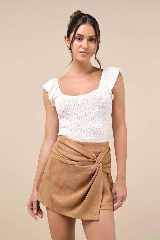 City Delights Light Brown Suede Twist-Front High-Rise Skort Product Image