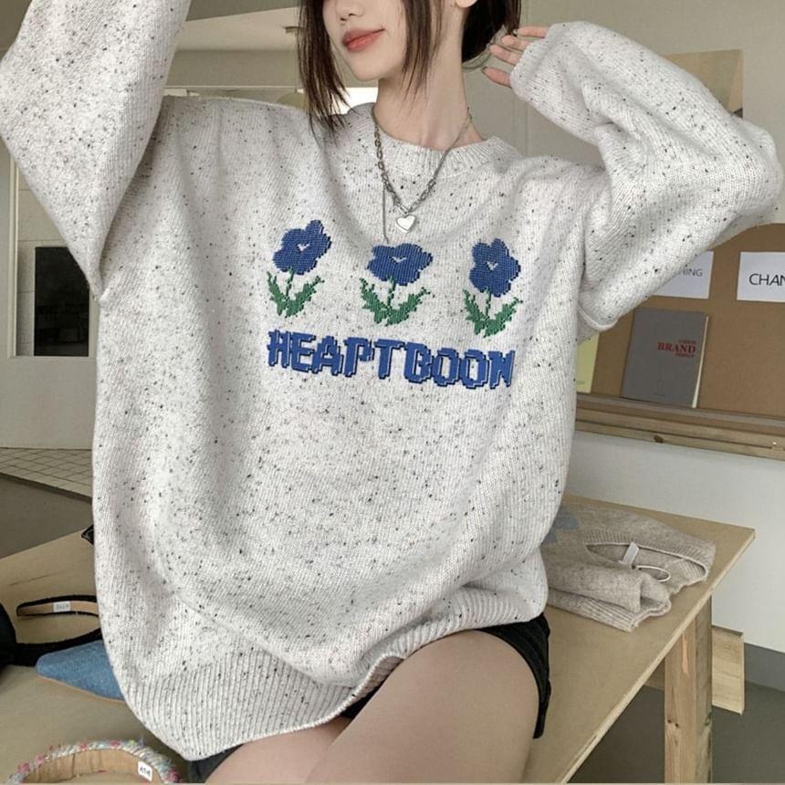 Round Neck Floral Patterned Melange Sweater Product Image