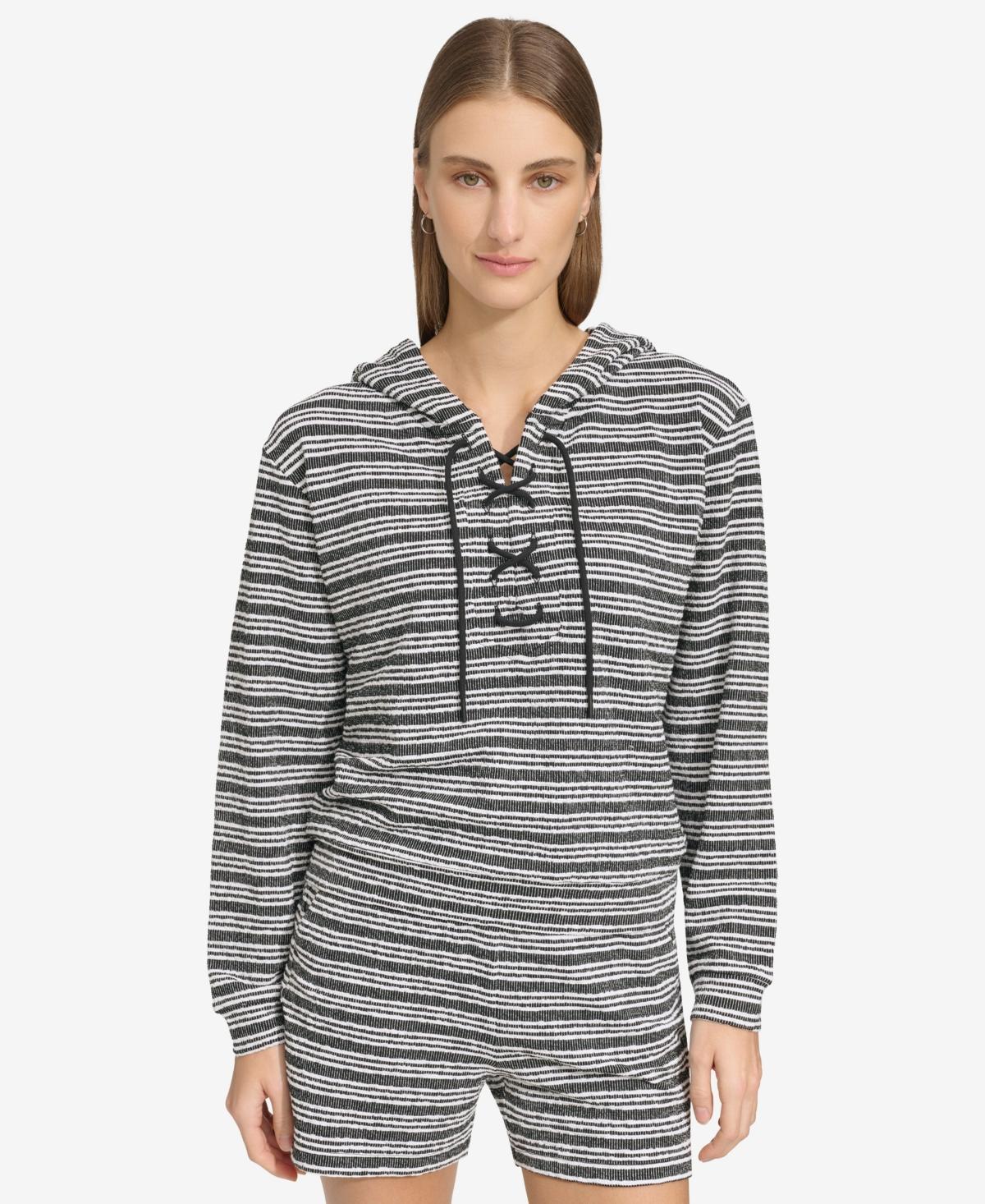 Andrew Marc Sport Womens Heritage Striped Lace-Up Hoodie - Black Product Image