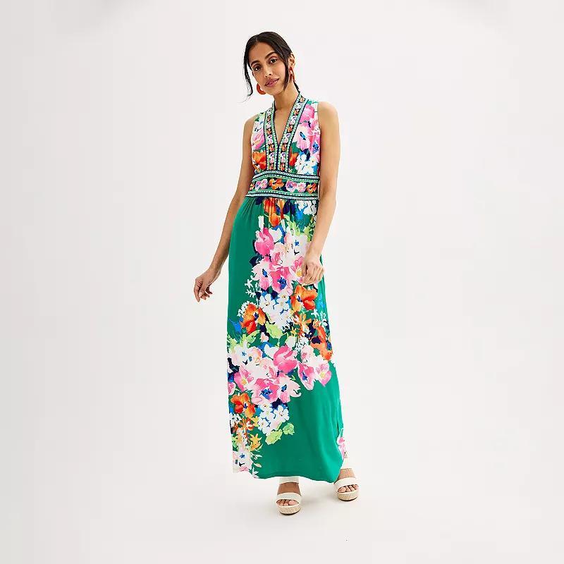 Womens London Times Floral Print Sleeveless V-Neck Flowy Maxi Dress Product Image