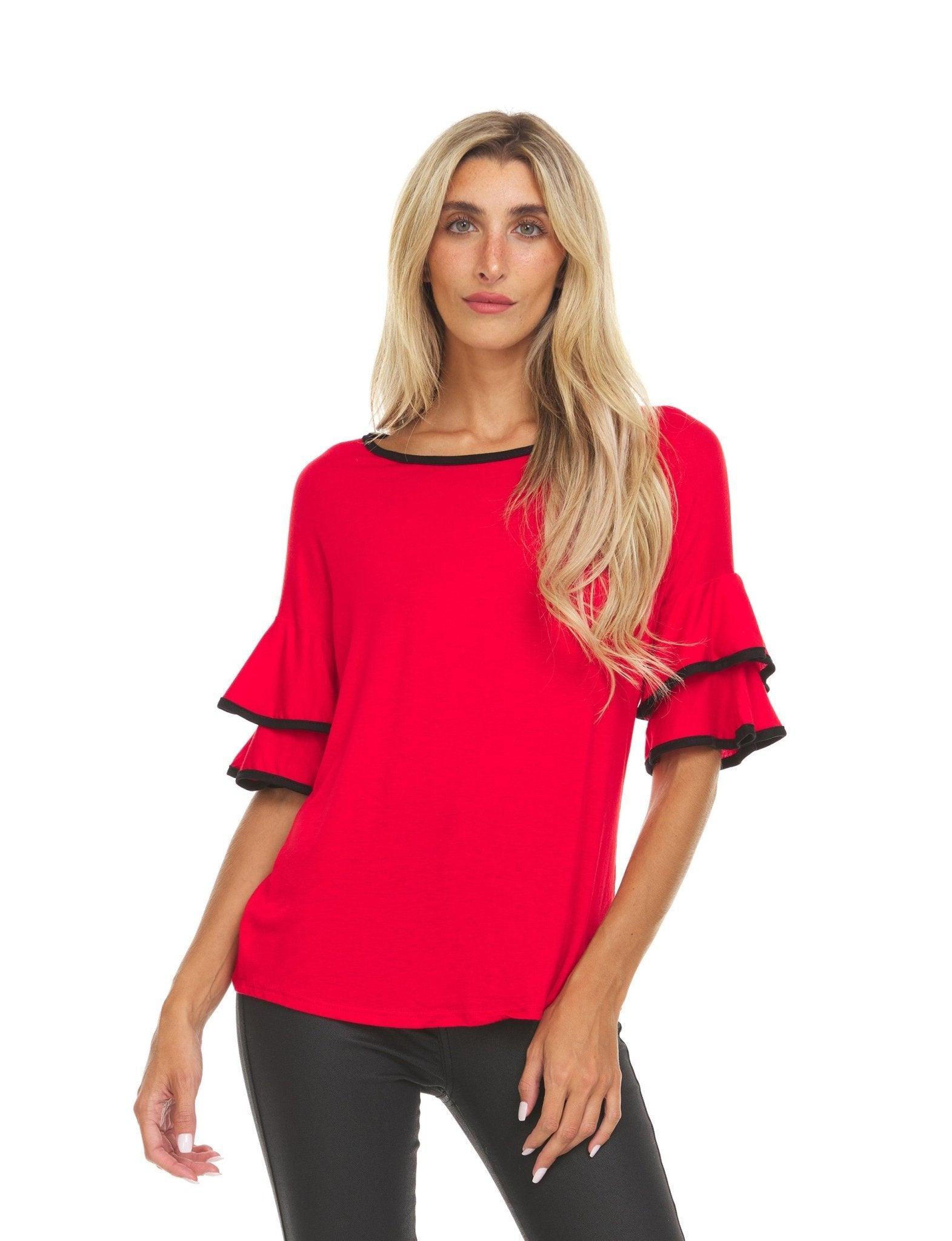 Womens Multi Ruffle Sleeve Top With Contrast Color Trim On Ruffles & Neckline Product Image