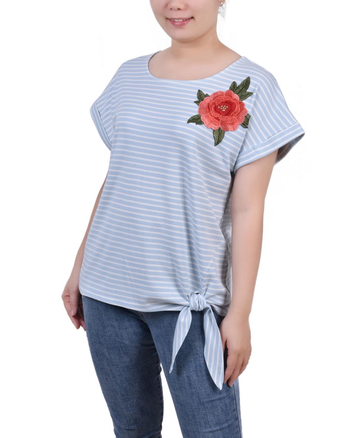 Ny Collection Womens Short Sleeve Embroidered Tie Front Top Product Image