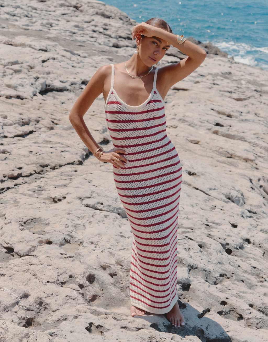 4th & Reckless x Luana Barron brittany knit maxi stripe beach dress in cherry red Product Image