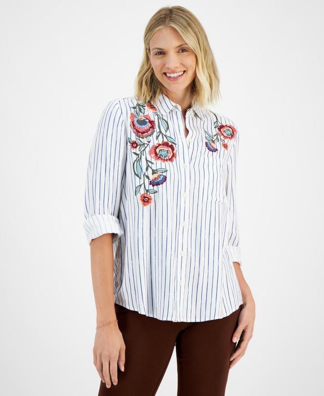 Style & Co Womens Striped Floral-Embroidered Shirt, Created for Macys Product Image