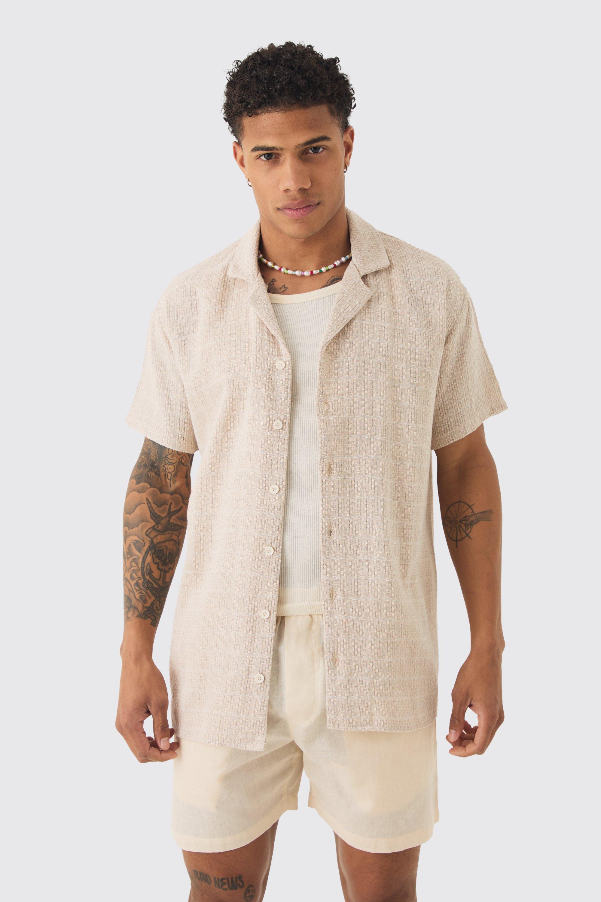 Mens Beige Short Sleeve Oversized Textured Check Shirt, Beige Product Image