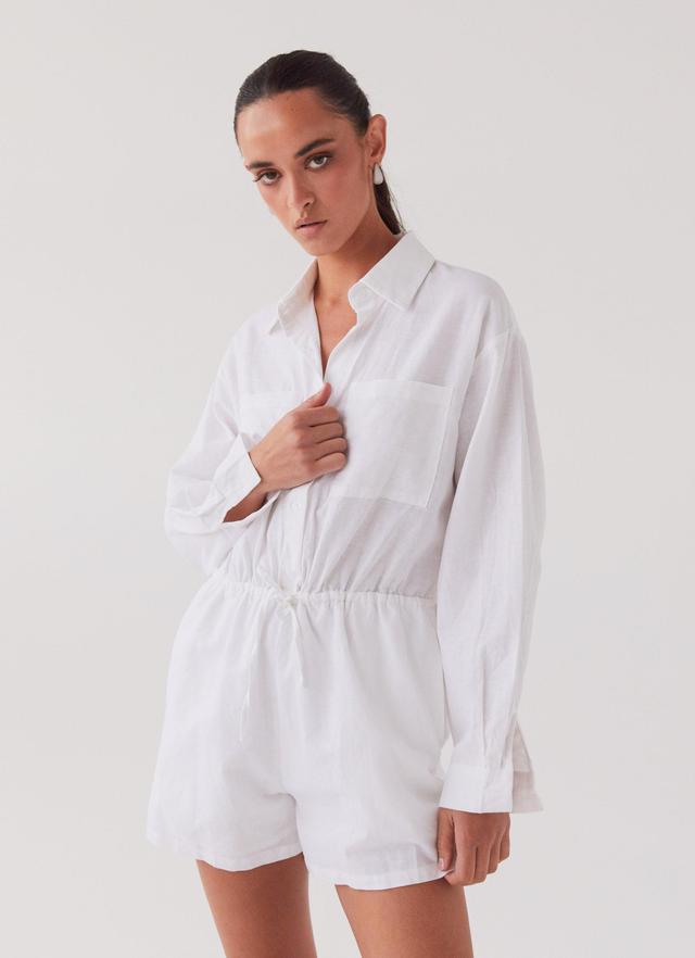 Unwind Linen Shirt Playsuit - White Product Image