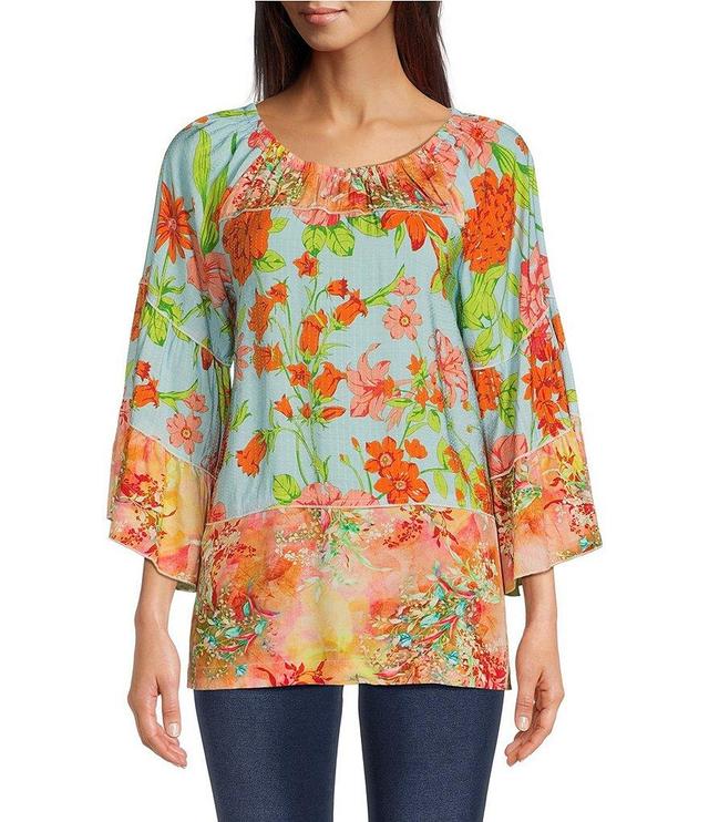 Calessa Patchwork Floral Print Scoop Neck 3/4 Sleeve Tunic Product Image